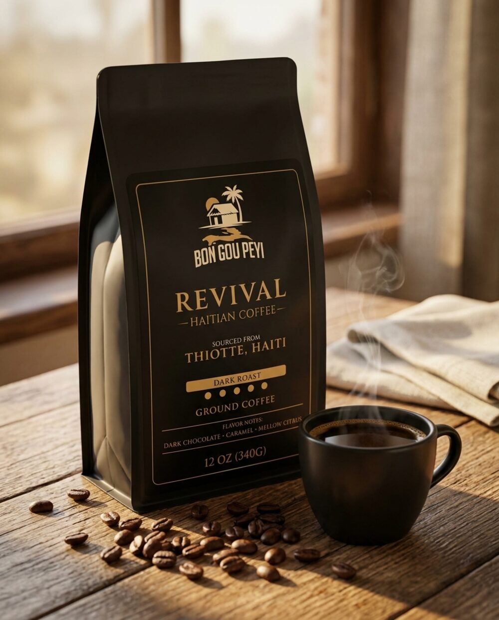 A Revival Haitian coffee bag beside a cup of freshly brewed coffee