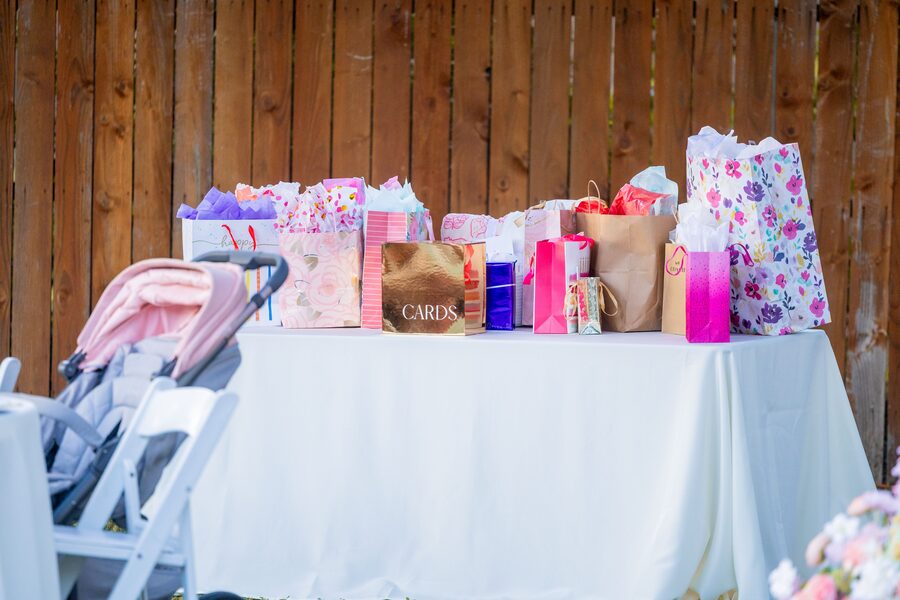 A baby shower gift table