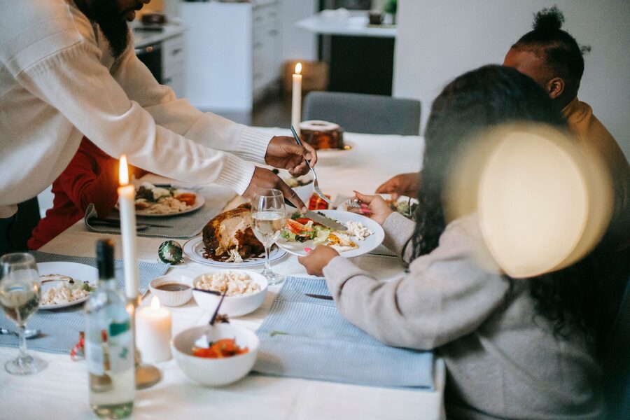 A candlelit dinner party table