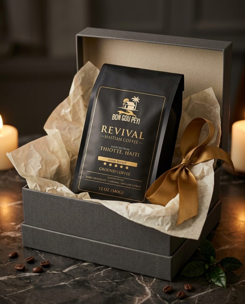 A Revival Haitian coffee bag presented in an elegant charcoal gift box with a satin gold ribbon